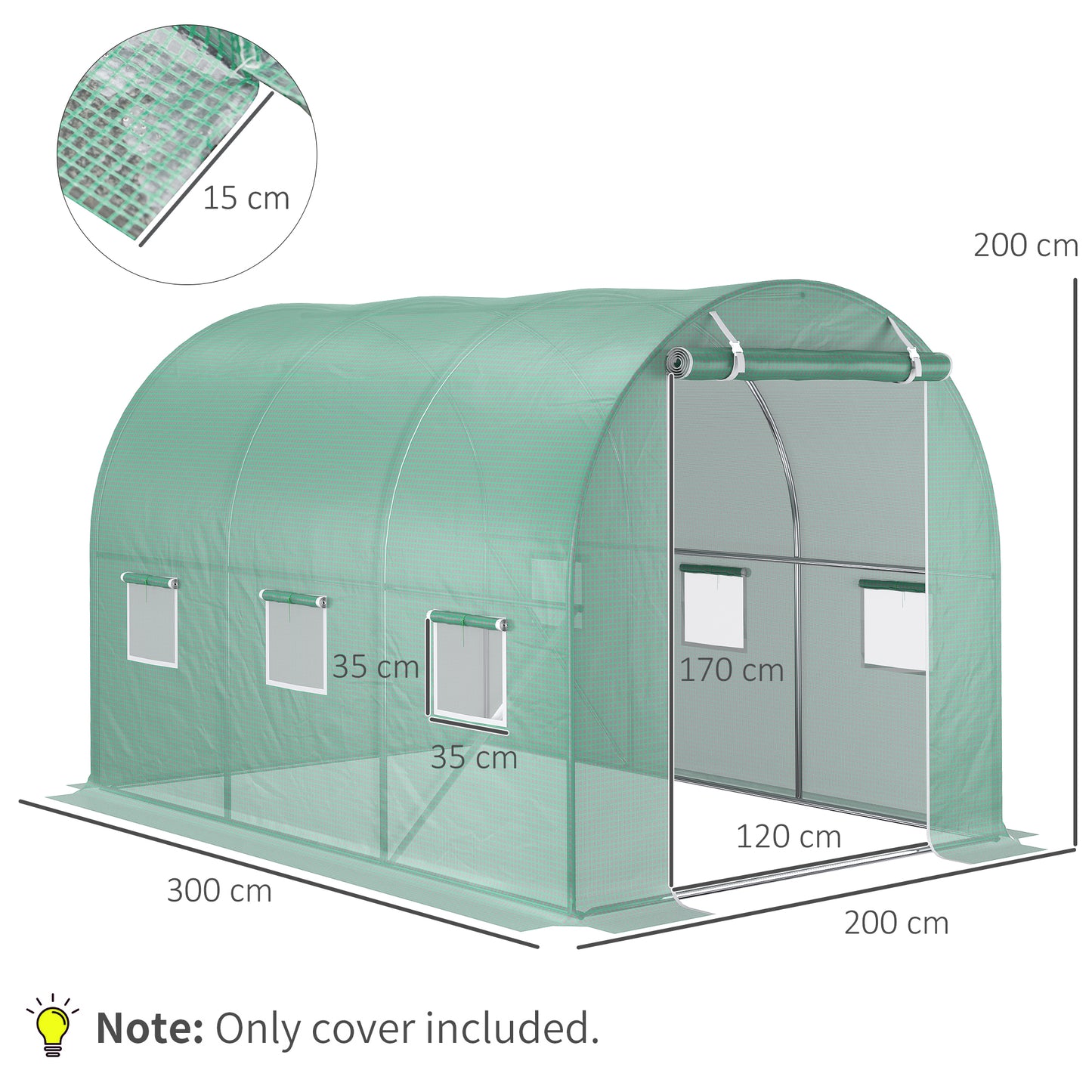 Outsunny Cobertura de Estufa com 6 Janelas e Porta para Jardim Anti-UV e Anti-envelhecimento PE 300x200x200 cm Verde