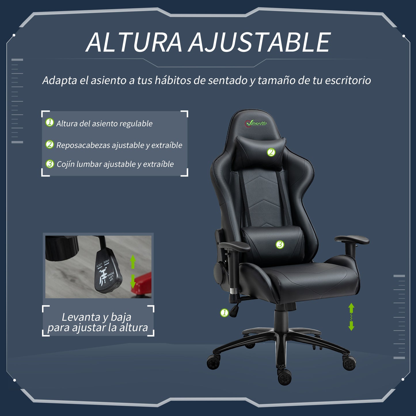 Vinsetto Cadeira de Gaming Ergonômica Cadeira de Jogo Giratória com Altura Ajustável Apoio para os Braços Apoio para a Cabeça e Almofada Lombar Couro Sintético 73x71x128-136cm Preto