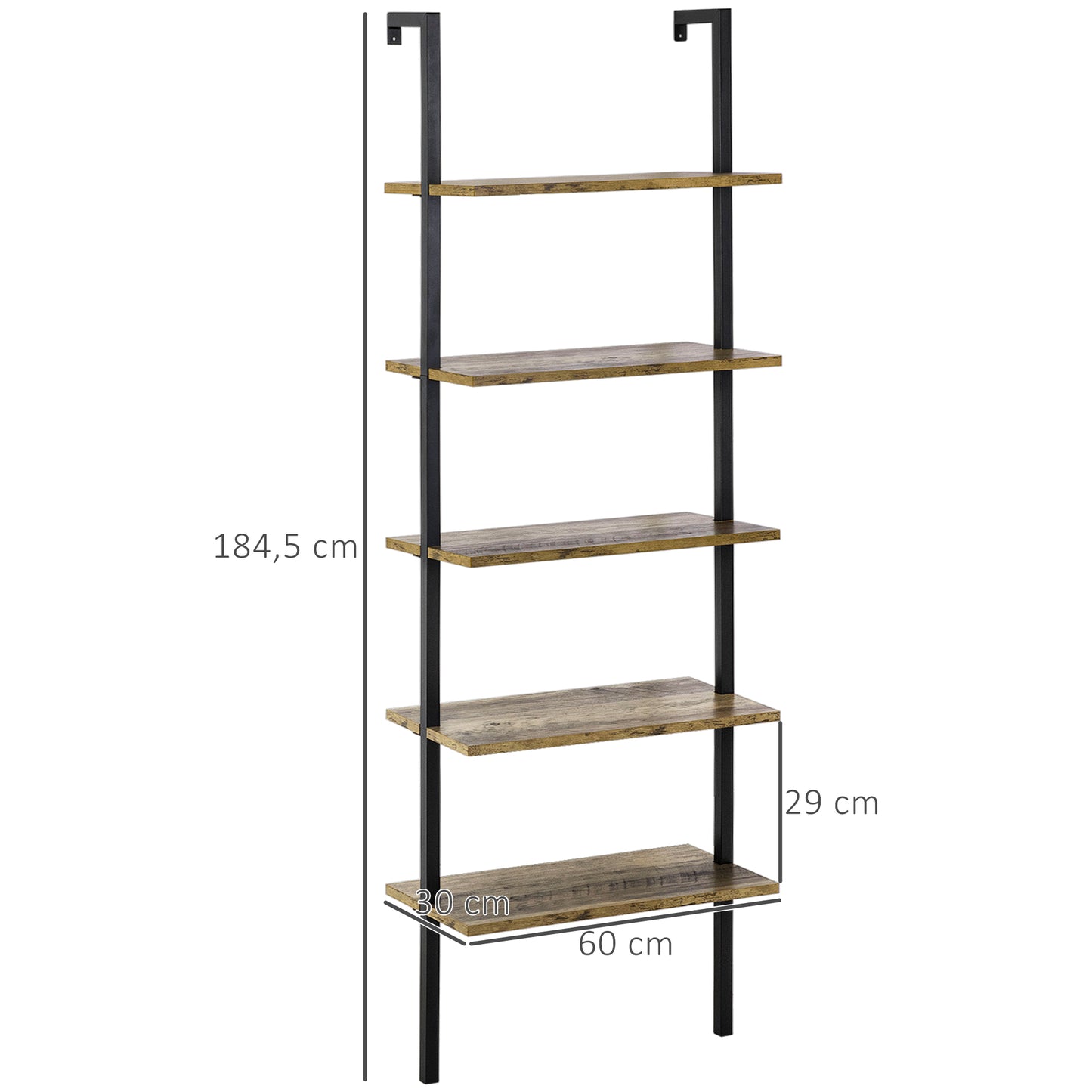 HOMCOM Estante de Escada com 5 Prateleiras Estante de Livros de Parede com Estrutura de Metal para Sala de Estar Escritório Estilo Industrial Carga máxima 25kg 60x30x184,5cm Marrom