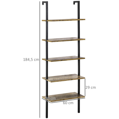 HOMCOM Estante de Escada com 5 Prateleiras Estante de Livros de Parede com Estrutura de Metal para Sala de Estar Escritório Estilo Industrial Carga máxima 25kg 60x30x184,5cm Marrom