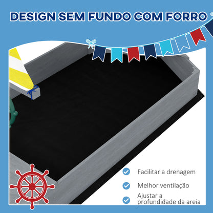 Outsunny Caixa de Areia para Crianças de Madeira Caixa de Areia Infantil com Bandeira e Leme em Forma de Veleiro para Pátio Jardim 190x90x138 cm Cinza Escuro