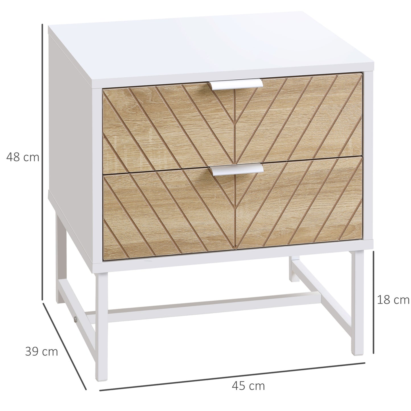 HOMCOM Conjunto de 2 Mesas de Cabeceira Mesas de Cabeceira com 2 Gavetas e Pés de Aço Estilo Moderno Mesas Auxiliares para Sala de Estar Dormitório 45x39x48 cm Branco e Carvalho