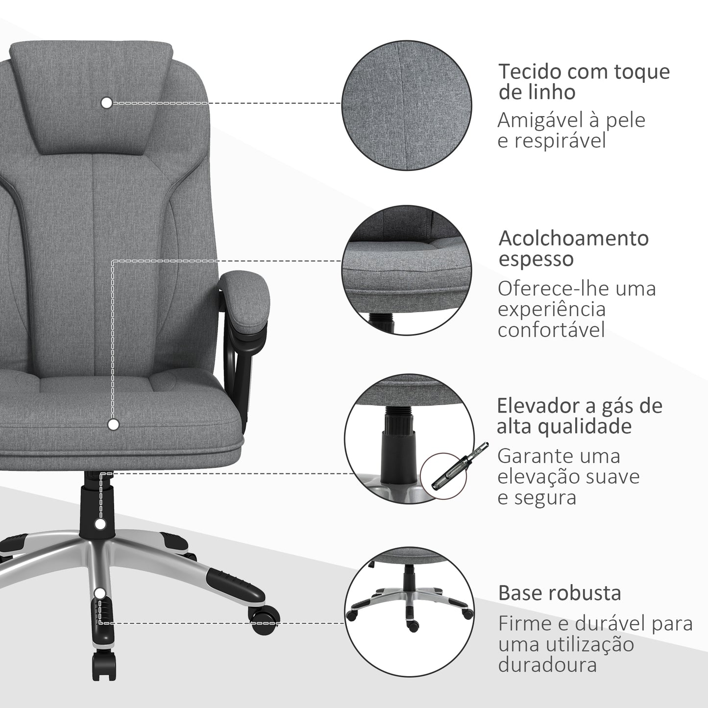 Cadeira de Escritório Giratória "Porto" – 66x75x110-120 cm – Cinza – Linho Sintético – Design Ergonómico