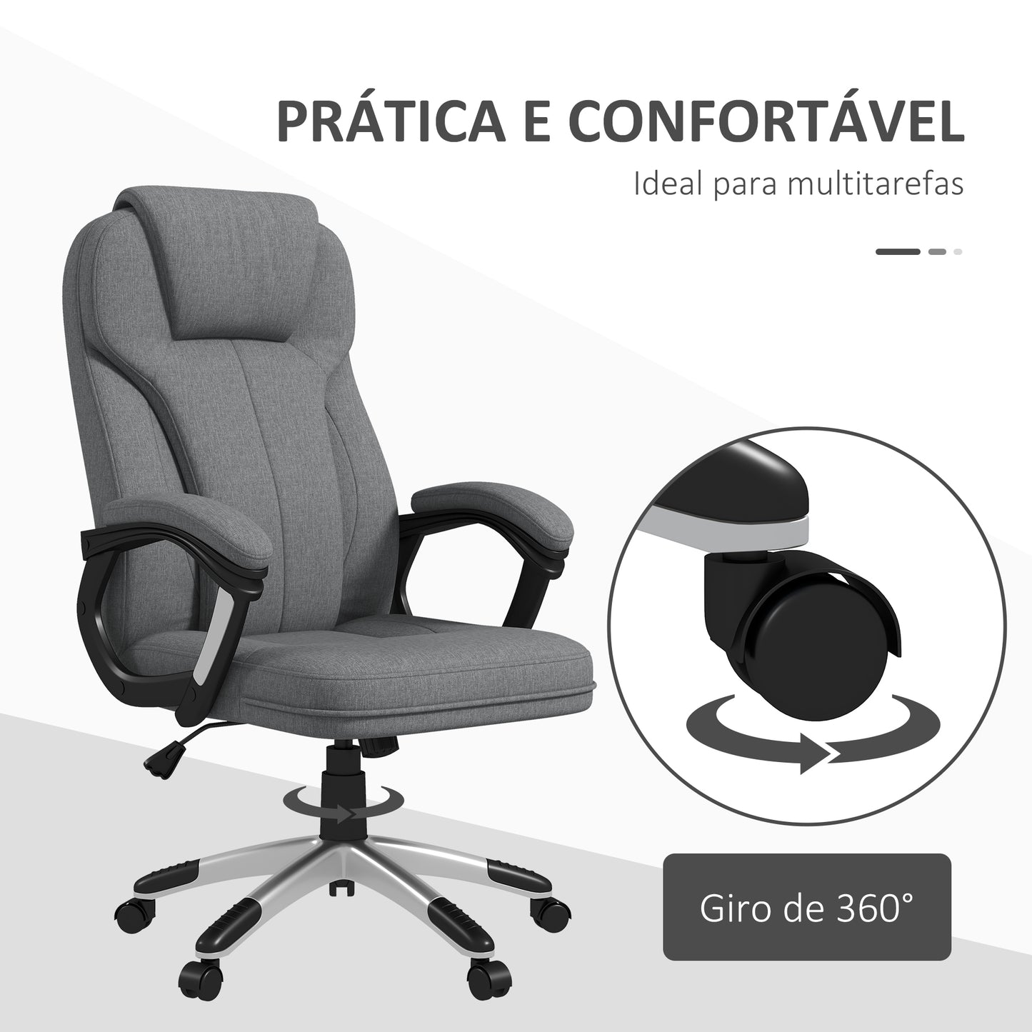 Cadeira de Escritório Giratória "Porto" – 66x75x110-120 cm – Cinza – Linho Sintético – Design Ergonómico