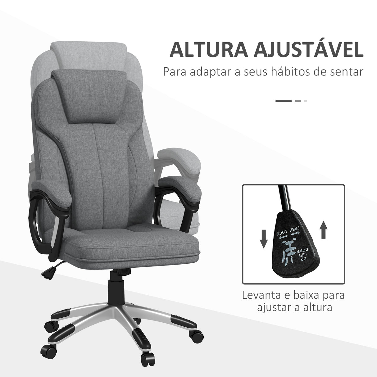 Cadeira de Escritório Giratória "Porto" – 66x75x110-120 cm – Cinza – Linho Sintético – Design Ergonómico