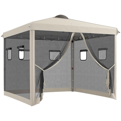 Outsunny Tenda Dobrável 3x3 m Tenda de Jardim com Parede Lateral de Malha 6 Janelas Altura Ajustável em 3 Níveis Proteção UV30+ e Impermeável para Campismo Festas Bege