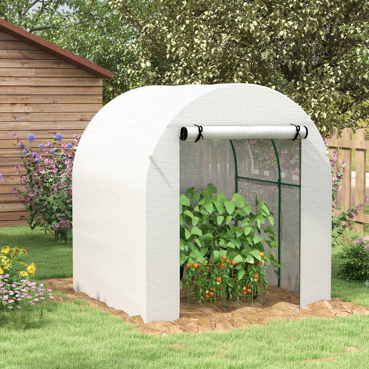 Outsunny Estufa de Jardim 180x180x200 cm Estufa Tipo Túnel Pequena com Porta Enrolável e Janela de Malha para Cultivar Plantas Flores Branco