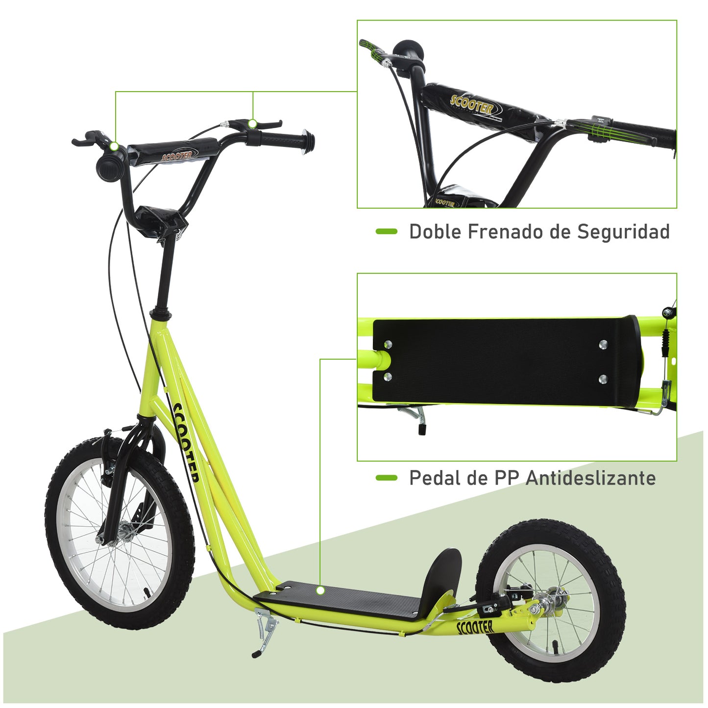 HOMCOM trotinete para crianças acima de 5 anos Com os 2 pneus de borracha infláveis com freio duplo Guiador ajustável em altura Suporte 100 kg 135x58x88-94 cm Amarelo