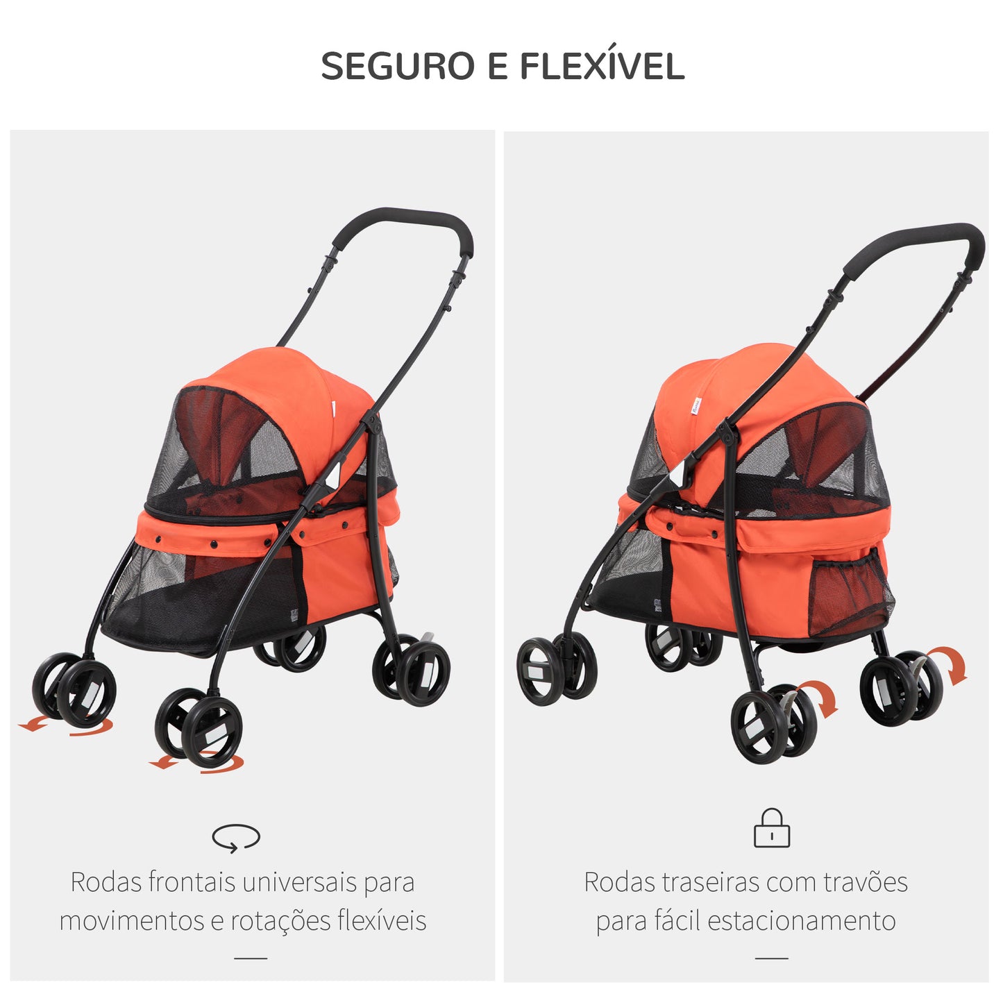 PawHut Carrinho para Animais de Estimação Dobrável Carrinho de Passeio para Cães e Gatos com Janela de Malha Almofada Lavável Arnês de Segurança e Estrutura de Aço 82x47x97cm Vermelho