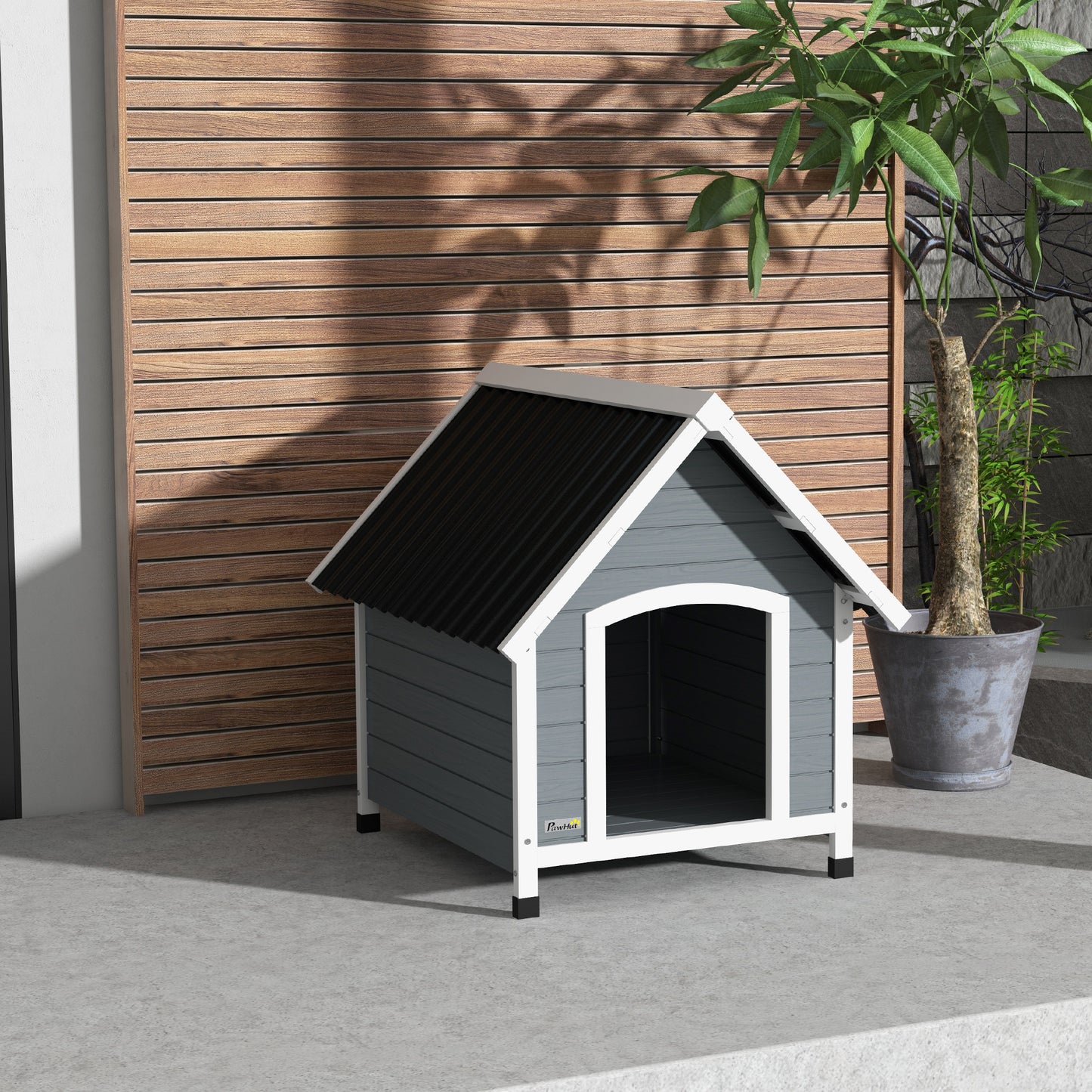 PawHut Casota para Cães 75x88x82 cm Casa para Cães de Tamanho Médio com Telhado de Telhas de Imitação Pés Elevados e Chão Removível para Exterior Cinza