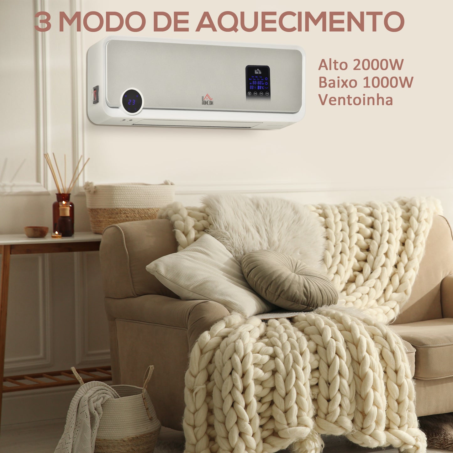 HOMCOM Aquecedor Cerâmico de Parede 1000W/2000W com Controle Remoto Tela LED Temporizador de 12h Termostato e Proteção contra Superaquecimento 56x18,5x11,7cm Branco