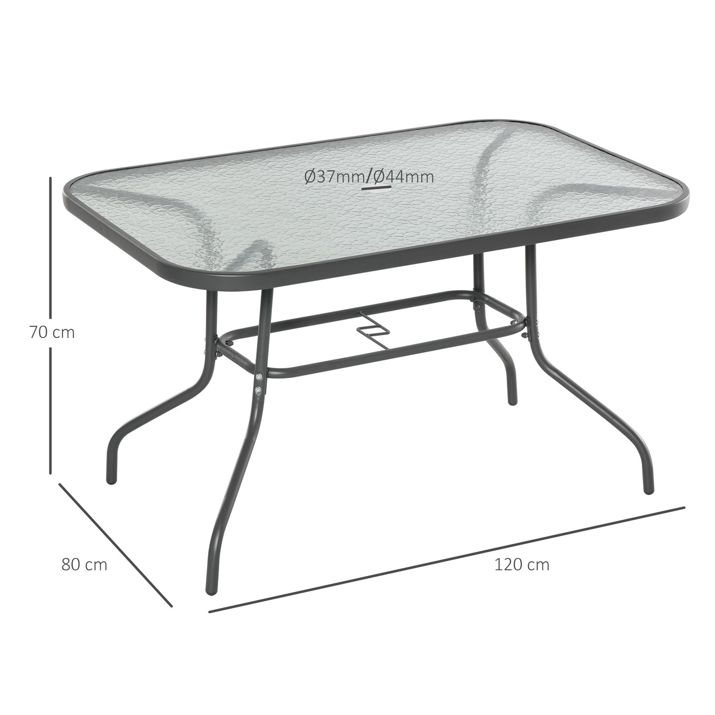 Outsunny Mesa retangular de metal para jardim Bordas curvas com orifício para guarda-sol Capacidade 70kg Vidro temperado 120x80x70 cm Cinza carvão