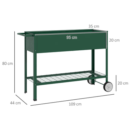 Outsunny Horta Vertical Elevada de Metal Horta Vertical com Rodas Alça Lateral e Prateleira Inferior para Cultivo de Plantas Flores 109x44x80 cm Verde