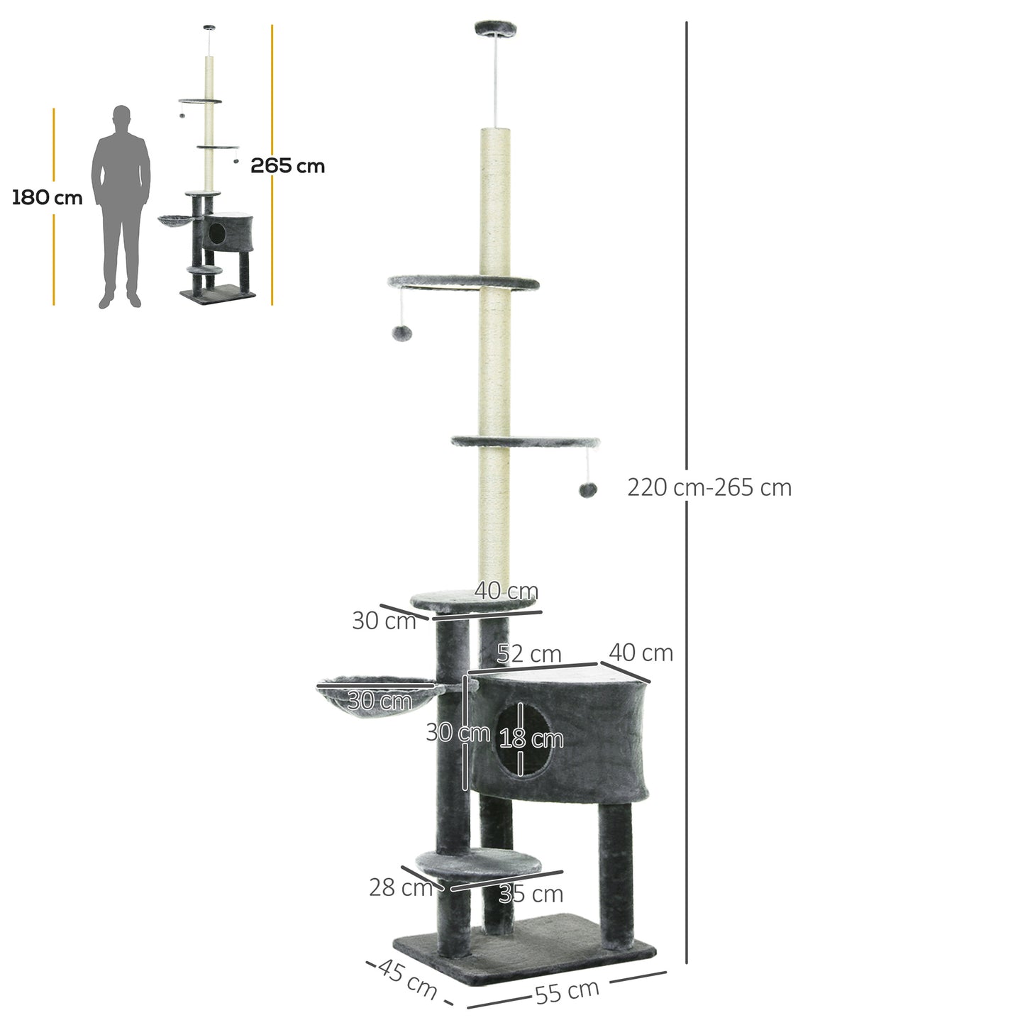 PawHut Árvore para arranhar para gatos 220-245 cm Altura Ajustável ao Teto com Plataformas Cinza Escuro