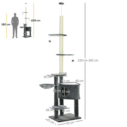 PawHut Árvore para arranhar para gatos 220-245 cm Altura Ajustável ao Teto com Plataformas Cinza Escuro