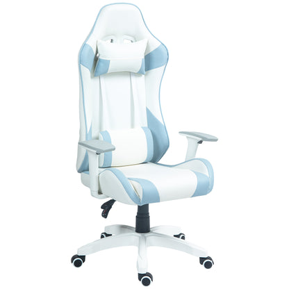 HOMCOM Cadeira Gaming Reclinável Cadeira Gamer Giratória com Almofada Lombar Apoios de Braços Ajustáveis Apoio de Cabeça Basculante e Altura Ajustável para Escritório 67x60x120-128 cm Branco e Azul