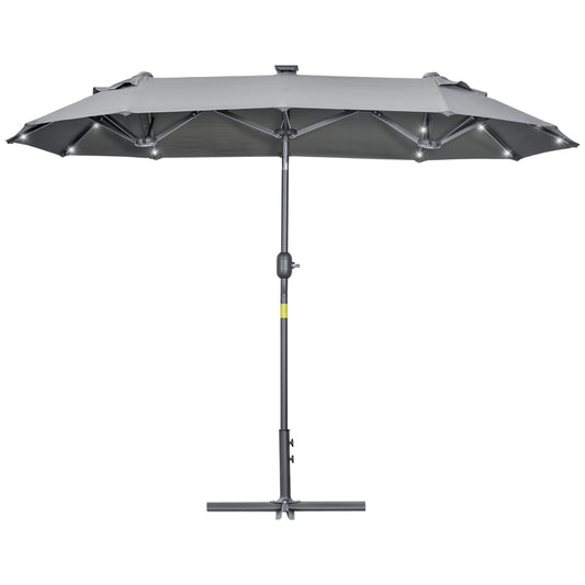 Outsunny Chapéu de Sol Duplo 295x150x219 cm Chapéu de Sol de Jardim com Luzes LED Solares Teto com Inclinação Ajustável e Manivela Manual para Pátio Piscina Praia Cinza