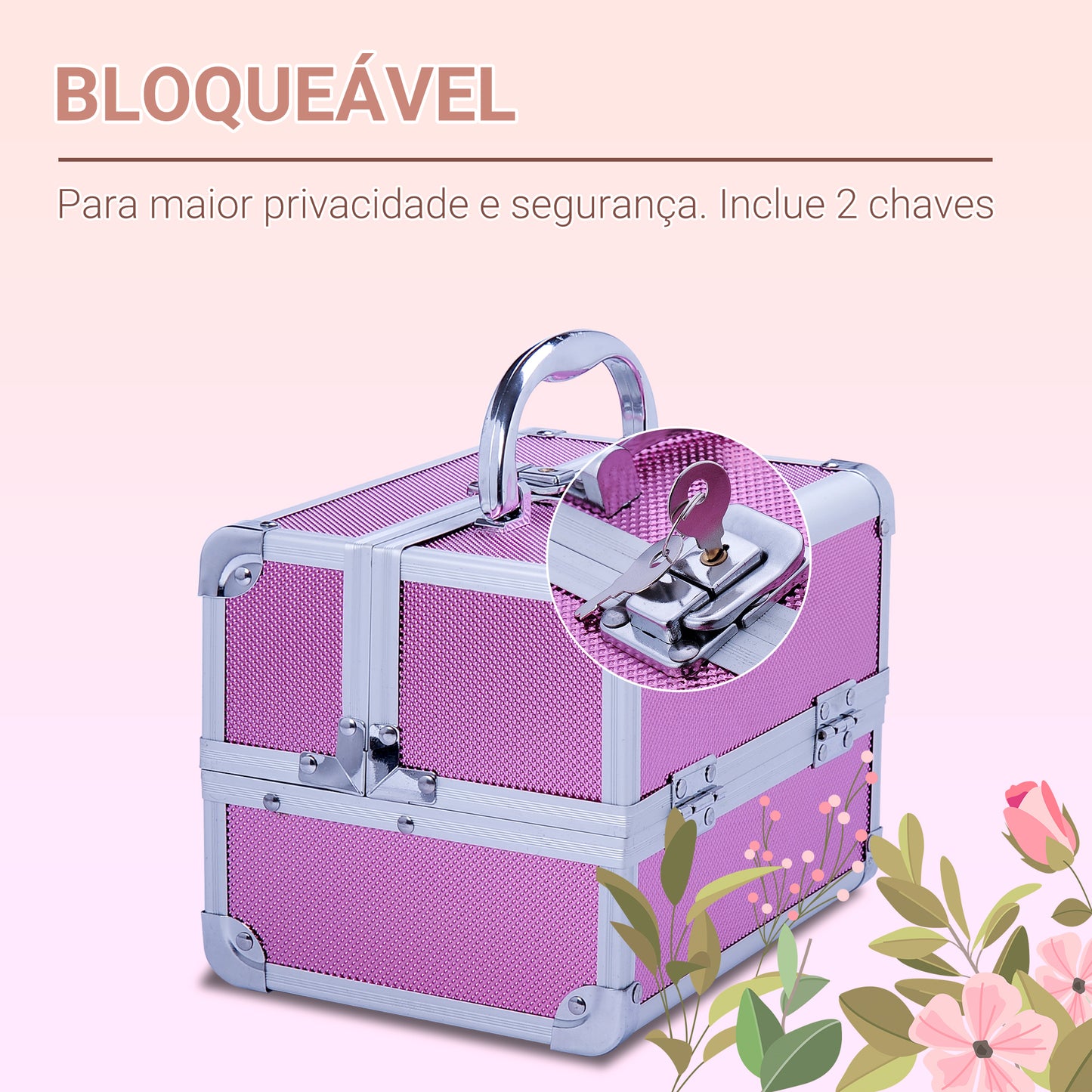 HOMCOM Estojo de Maquiagem Profissional Portátil de Cosméticos com Bandejas de 3 Níveis e Espelho 2 Chaves para Porta-Joias Manicure 15x15x20cm Rosa