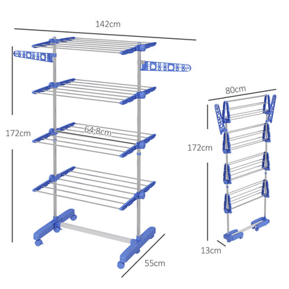 Estendal Vertical Dobrável de 4 Níveis Estendal de Roupa com 6 Rodas 2 Laterais Dobráveis Prateleiras Ajustáveis e Estrutura de Aço Inoxídável para Interior e Exterior Azul