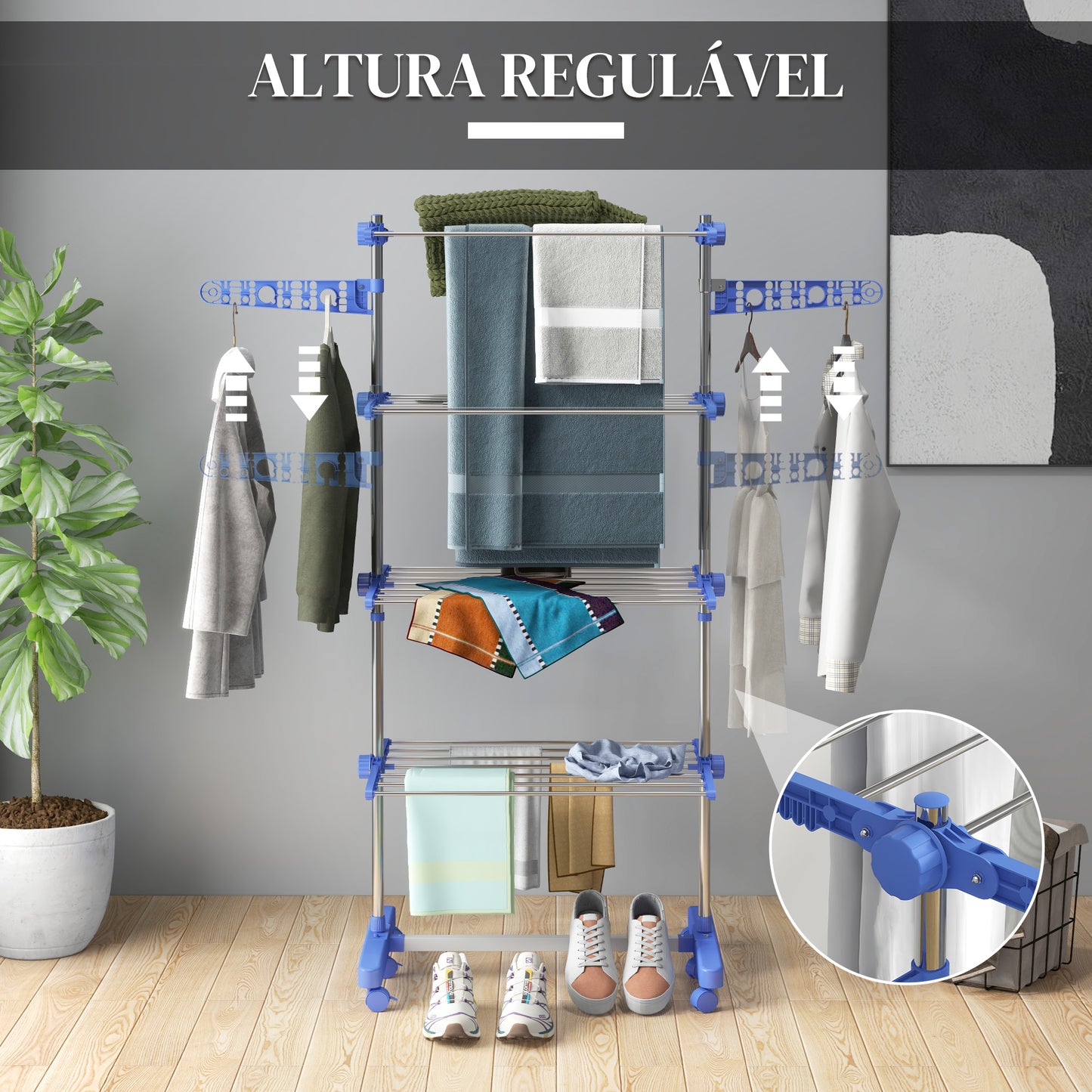 Estendal Vertical Dobrável de 4 Níveis Estendal de Roupa com 6 Rodas 2 Laterais Dobráveis Prateleiras Ajustáveis e Estrutura de Aço Inoxídável para Interior e Exterior Azul