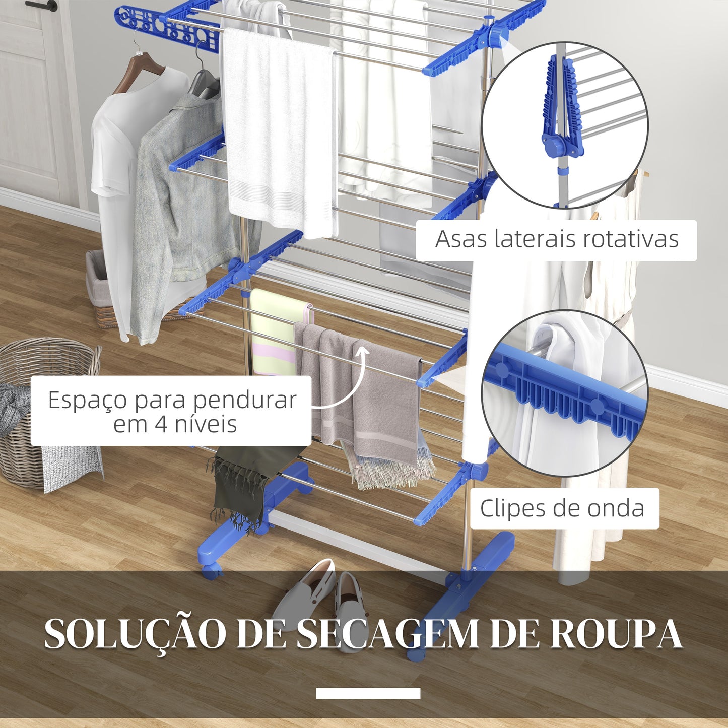 Estendal Vertical Dobrável de 4 Níveis Estendal de Roupa com 6 Rodas 2 Laterais Dobráveis Prateleiras Ajustáveis e Estrutura de Aço Inoxídável para Interior e Exterior Azul