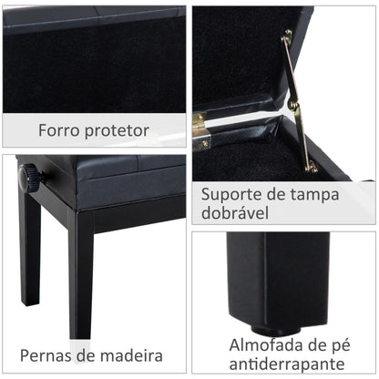 Banco de Piano com Espaço de Armazenamento Altura Ajustável com Assento Acolchoado Carga 200 kg 54,5x33x48-58 cm Preto