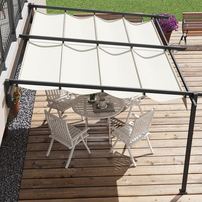 Outsunny Pérgola de Parede 4x3 m Pérgola de Jardim com Teto Retrátil de Poliéster e Estrutura de Aço para Festas Casamentos Creme e Cinza Escuro