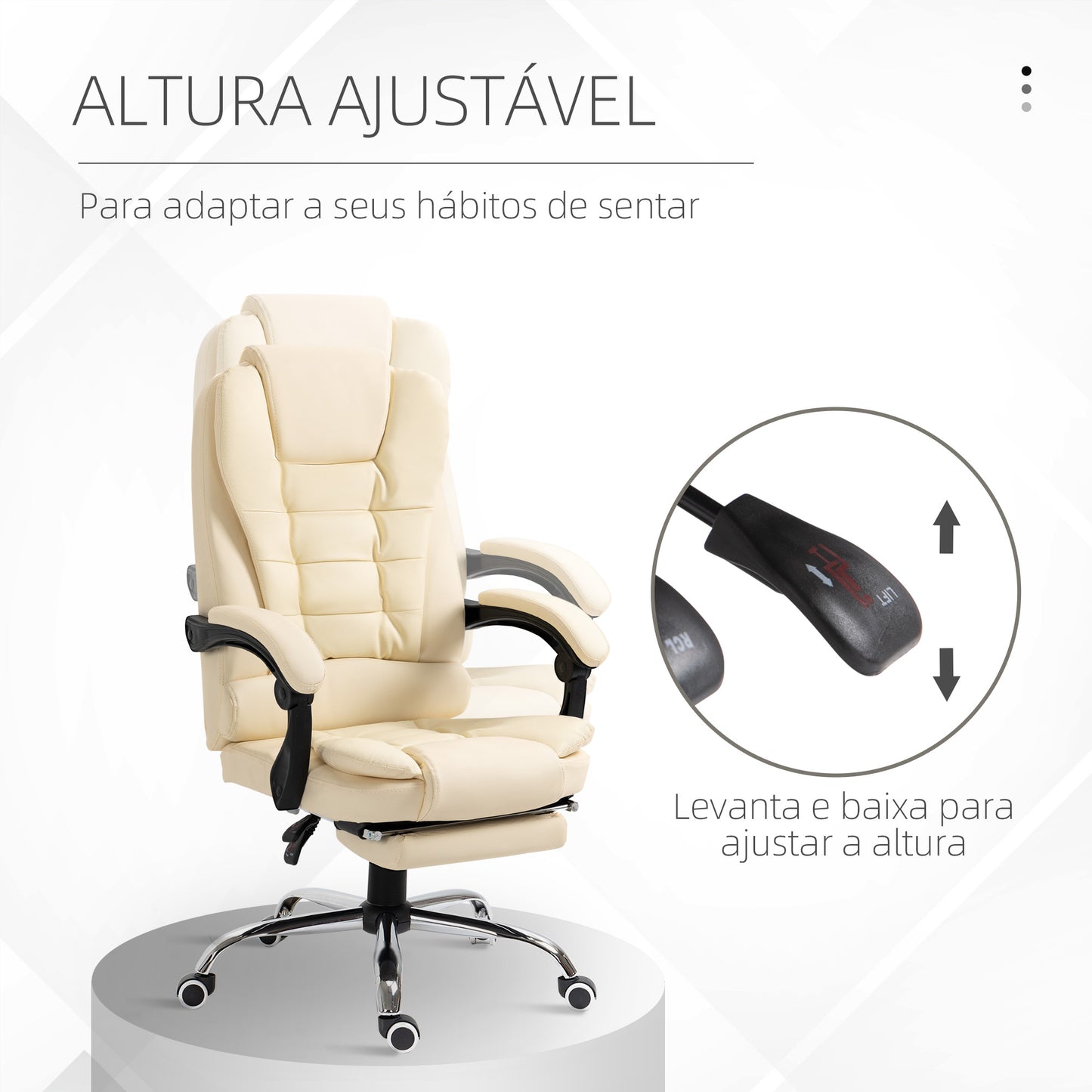 Cadeira de Escritório Reclinável Cadeira de Escritório com Apoio para os Pés Cadeira Executiva Giratória com Altura Ajustável Estofada em PU e Apoio para os Braços 64,5x69x109-117 cm Creme