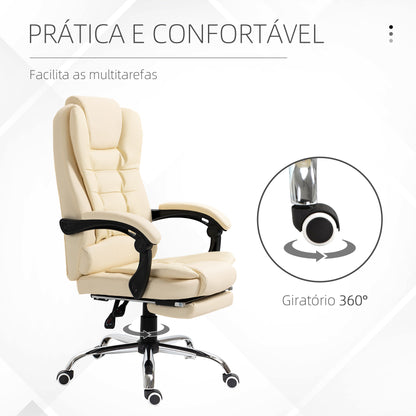 Cadeira de Escritório Reclinável Cadeira de Escritório com Apoio para os Pés Cadeira Executiva Giratória com Altura Ajustável Estofada em PU e Apoio para os Braços 64,5x69x109-117 cm Creme