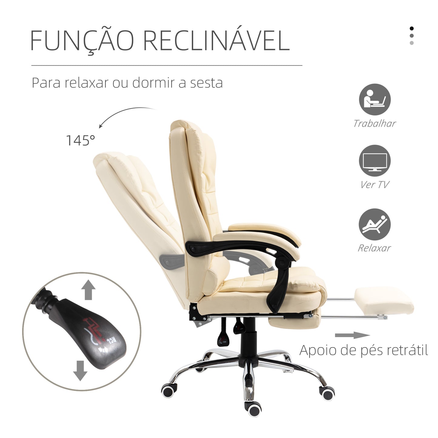 Cadeira de Escritório Reclinável Cadeira de Escritório com Apoio para os Pés Cadeira Executiva Giratória com Altura Ajustável Estofada em PU e Apoio para os Braços 64,5x69x109-117 cm Creme