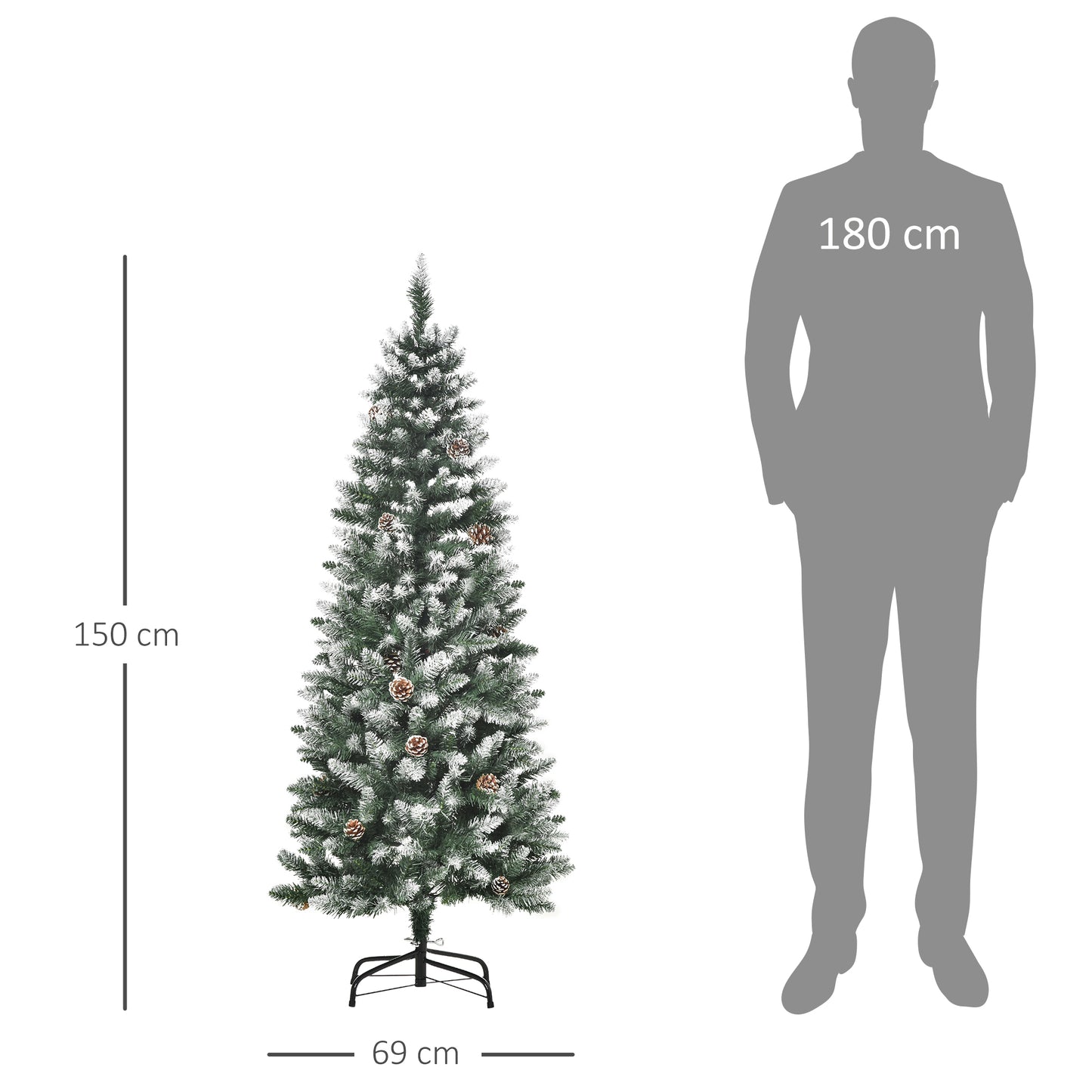 HOMCOM Árvore de Natal Artificial Ø69x150cm com 464 Ramas e 28 Pinhas Folhas de PVC Base Dobrável e Suporte Metálico Decoração de Natal para Interiores Verde