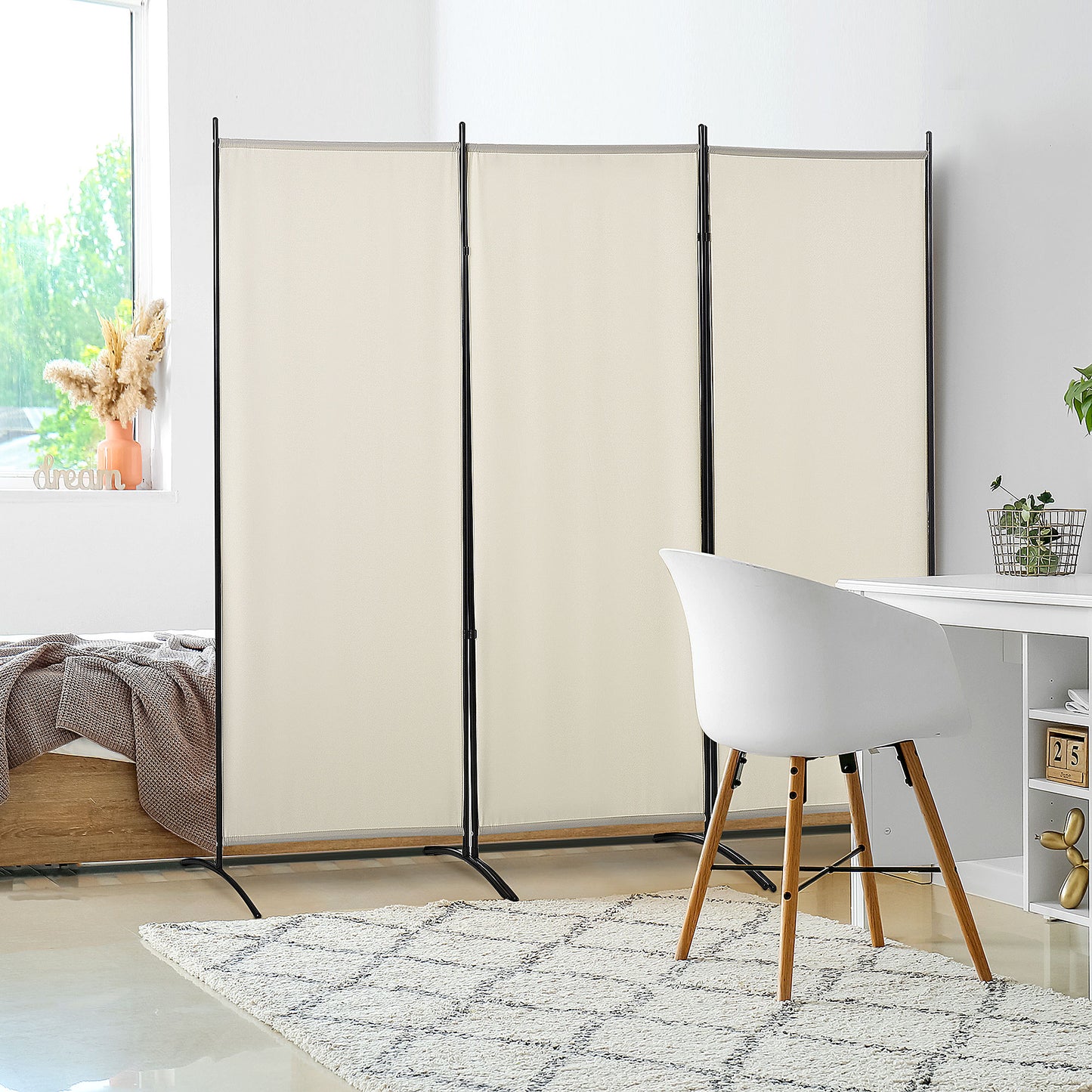 HOMCOM Biombo de 3 Paineis Separador de Ambientes Dobrável 253x50x182 cm Divisor de Ambientes Biombo de Privacidade com 6 Pés de Metal para Escritório Dormitório Bege