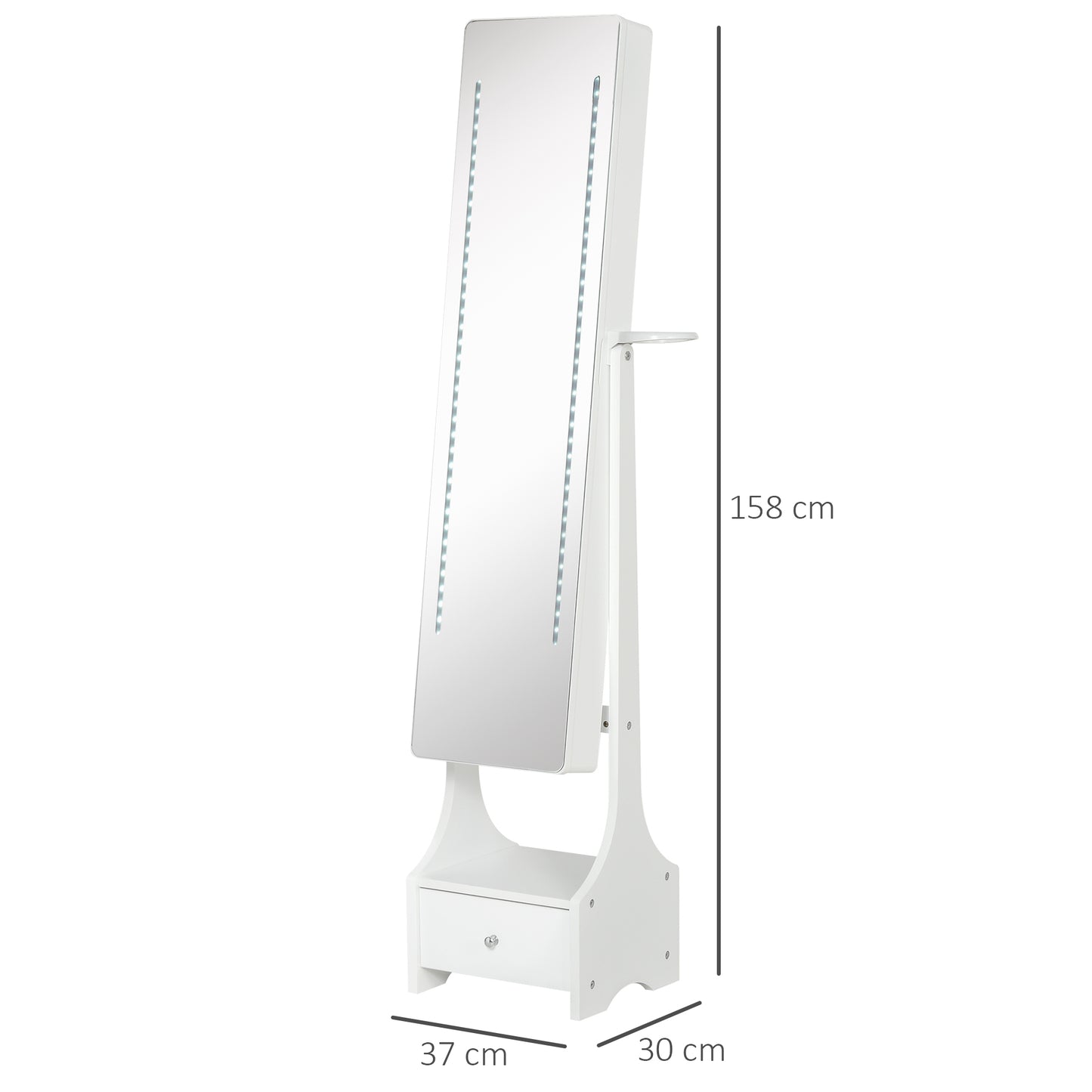 HOMCOM Joalheiro de Pé com Espelho Luz Armário para Jóias com Espelho de Corpo Inteiro 3 Ângulos Ajustáveis com Gaveta e Suporte para Secador 37x30x158cm Branco