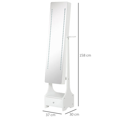 HOMCOM Joalheiro de Pé com Espelho Luz Armário para Jóias com Espelho de Corpo Inteiro 3 Ângulos Ajustáveis com Gaveta e Suporte para Secador 37x30x158cm Branco