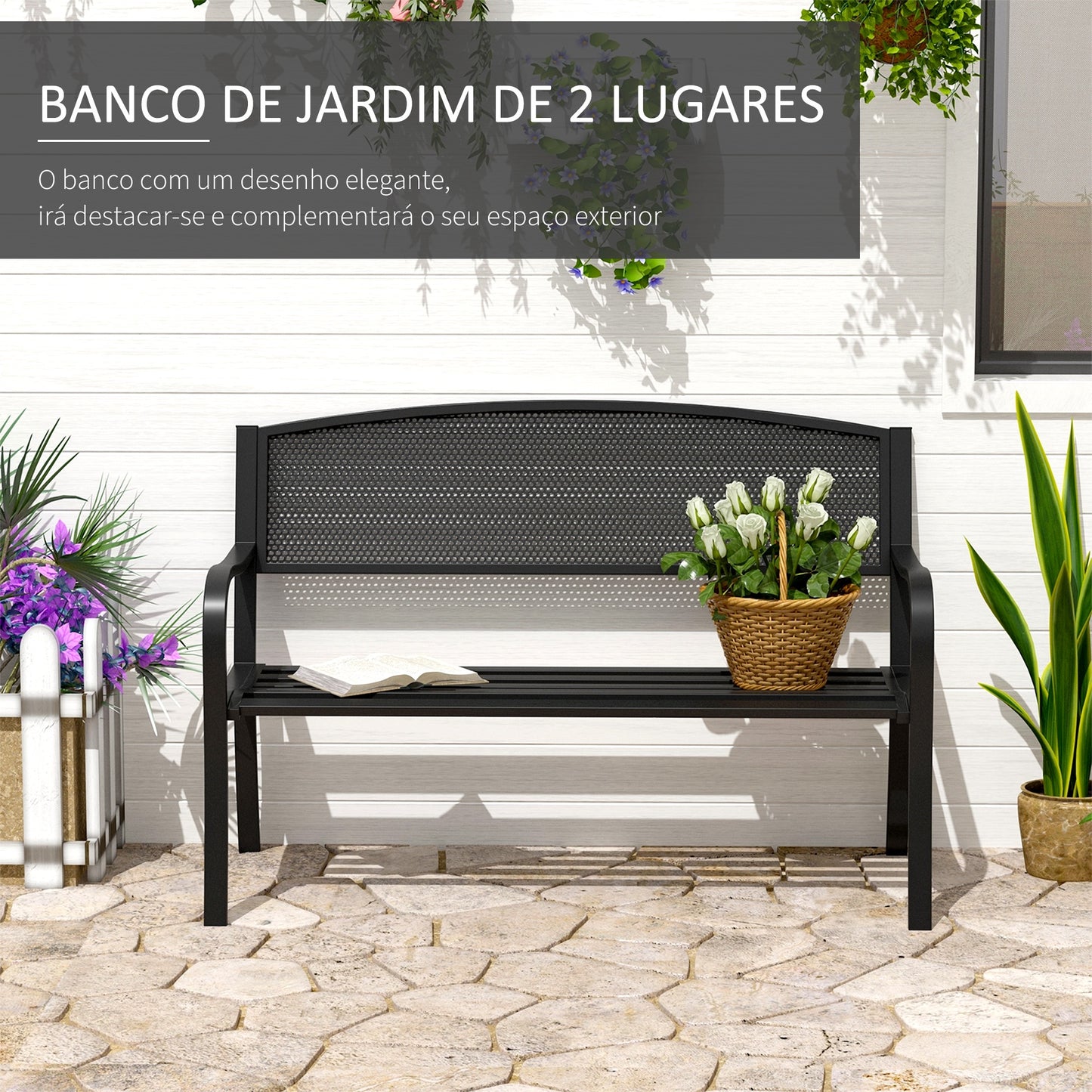 Outsunny Banco de Jardim de 2 Lugares Banco de Exterior com Encosto de Malha de Aço Carga Máxima 240 kg para Pátio Varanda 127x60x87 cm Preto