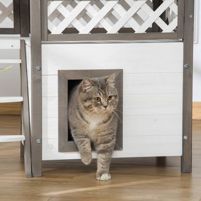 PawHut Casa para Gatos de Madeira 77x50x73cm Casa para Gatos com 2 Níveis com Teto Asfáltico Terraço Cercado Caverna e Escada para Interior e Exterior Branco e Cinza