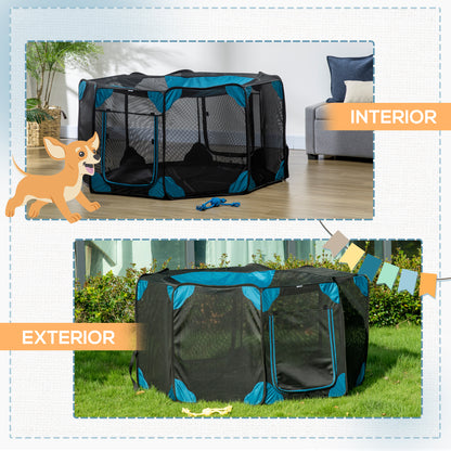 PawHut Parque para Cães de 8 Painéis Parque para Animais de Estimação com Bolsa de Transporte Parque Animais Portátil para Gatos Coelhos Ø154x76cm Azul