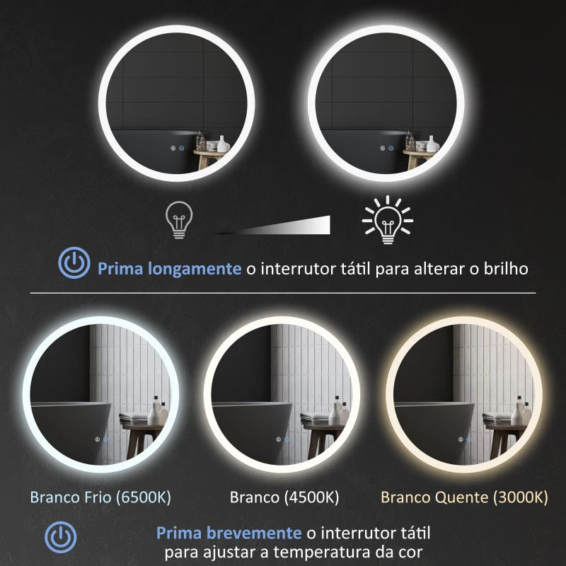 kleankin Espelho Casa de Banho Redondo com Luzes LED 70x70 cm Espelho com Iluminação Função Antiembaciamento 3 Luzes Função de Memória e Interruptor Tátil Prata