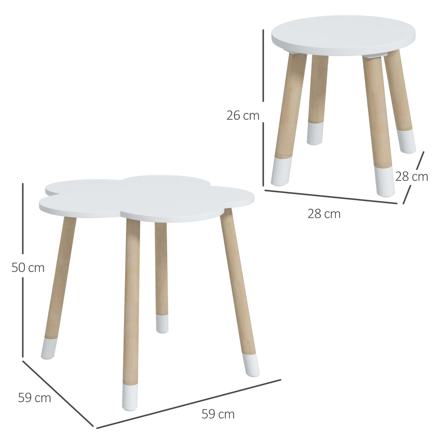 ZONEKIZ Conjunto de Mesa e 2 Cadeira para Crianças Mesa com Cadeiras para Crianças de 2-5 Anos Mesa com Forma de Flor Ø59x50 cm e Cadeiras Ø28x26 cm para Dormitório Sala de Estar Branco