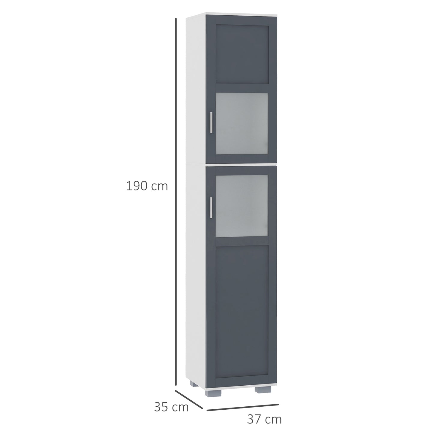 kleankin Coluna Casa de Banho Móvel Auxiliar Casa de Banho com 2 Portas com Vidro Temperado e Prateleiras Ajustáveis 37x35x190 cm Branco e Cinza