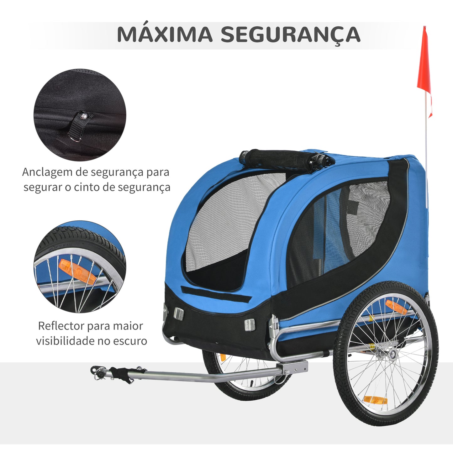 PawHut Reboque de Bicicleta para Cães Reboque de Bicicleta para Animais de Estimação com 1 Bandeira e Reflectores 130x73x90cm Azul e Preto