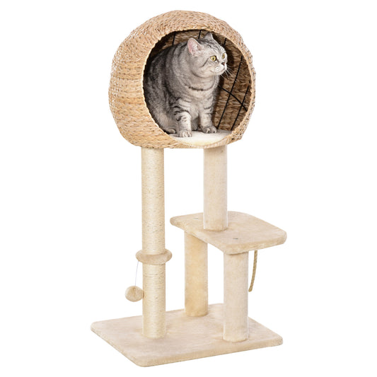 PawHut Árvore arranhador para gatos Torre de escalada com plataformas caverna corda de brincar poste de sisal 48x40x100 cm Bege