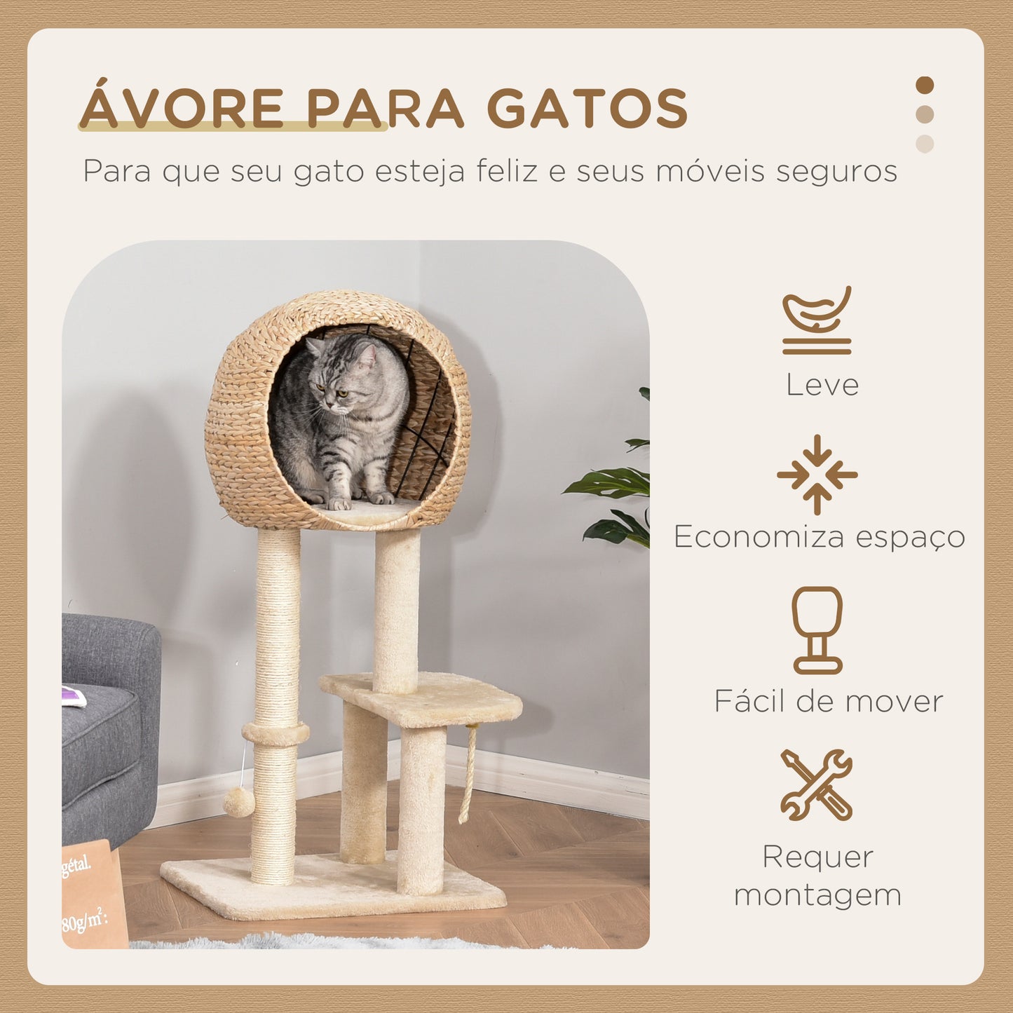 PawHut Árvore arranhador para gatos Torre de escalada com plataformas caverna corda de brincar poste de sisal 48x40x100 cm Bege