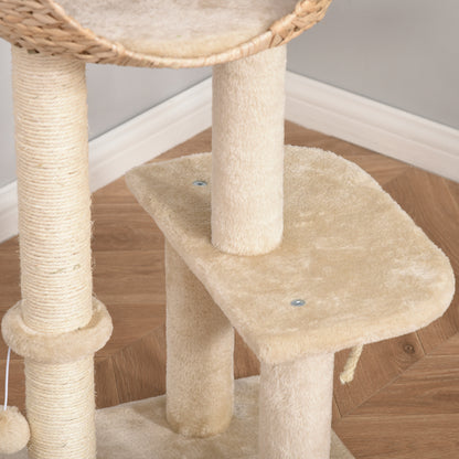 PawHut Árvore arranhador para gatos Torre de escalada com plataformas caverna corda de brincar poste de sisal 48x40x100 cm Bege