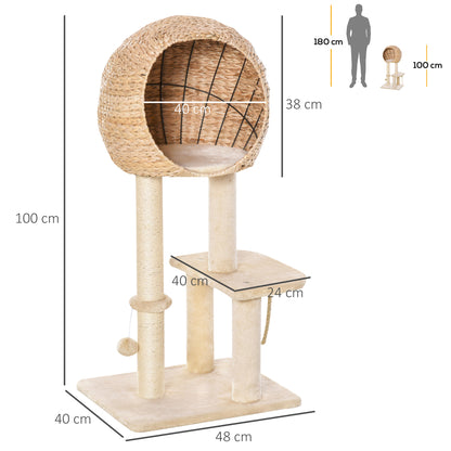 PawHut Árvore arranhador para gatos Torre de escalada com plataformas caverna corda de brincar poste de sisal 48x40x100 cm Bege