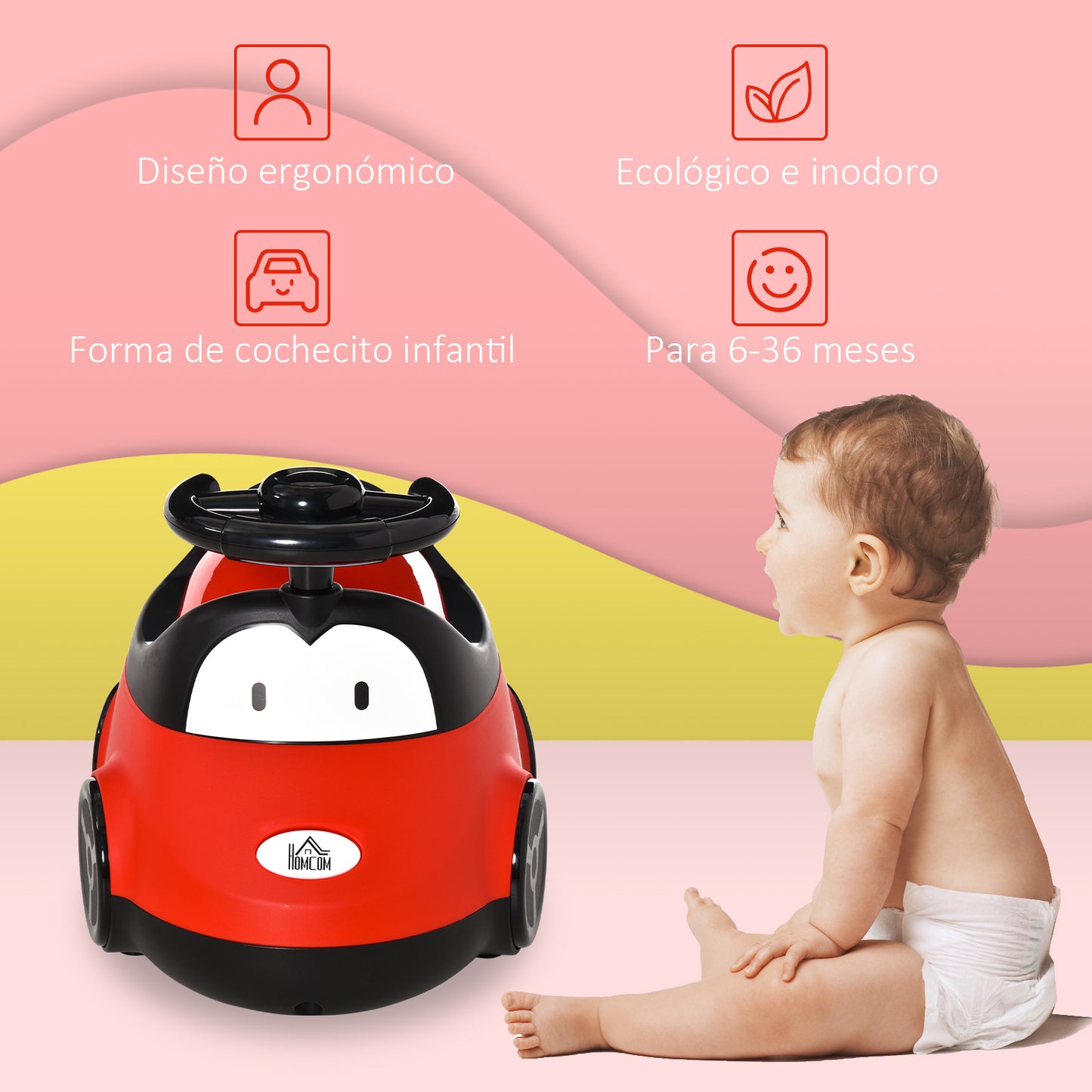 HOMCOM Bacio para Bebé de 6-36 Meses Bacio de Aprendizagem Treinamento Portátil em Forma de Carro com Tampa Volante Fácil de Limpar Carga 50kg 40x27,5x29,1cm Vermelho