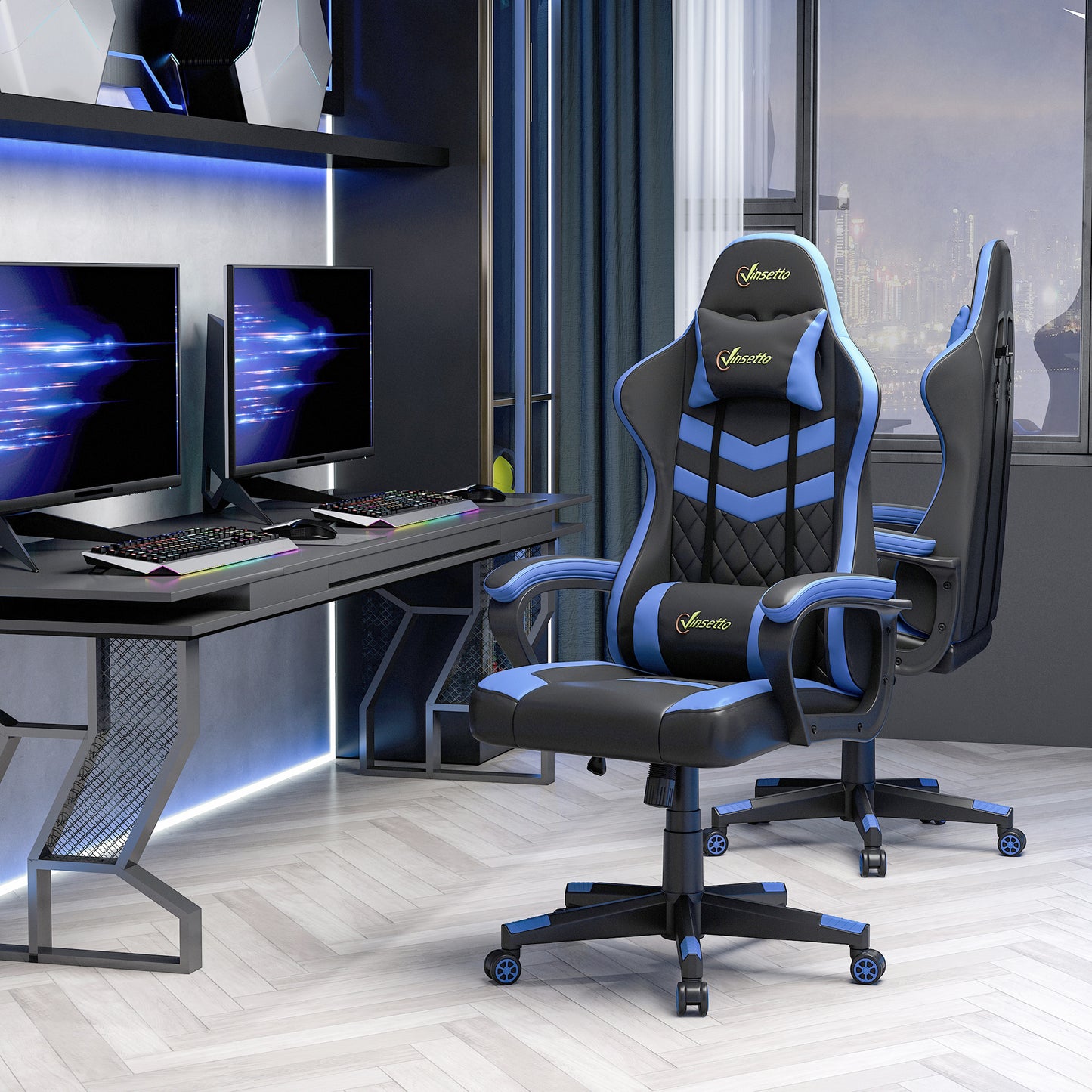 Vinsetto Cadeira Gaming Cadeira de Escritório Ergonómica com Altura Regulável Basculante com Apoio de Cabeça e Almofada Lombar 61x70x121-129 cm Azul