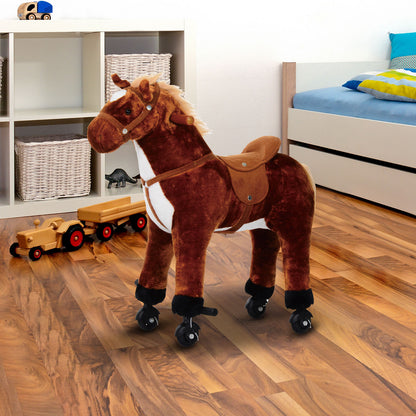 HOMCOM Cavalo de Brinquedo para Crianças de +3 Anos Cavalo de Brinquedo com Rodas Sons e Estrutura de Metal Carga 60kg 65x28x75 cm Castanho