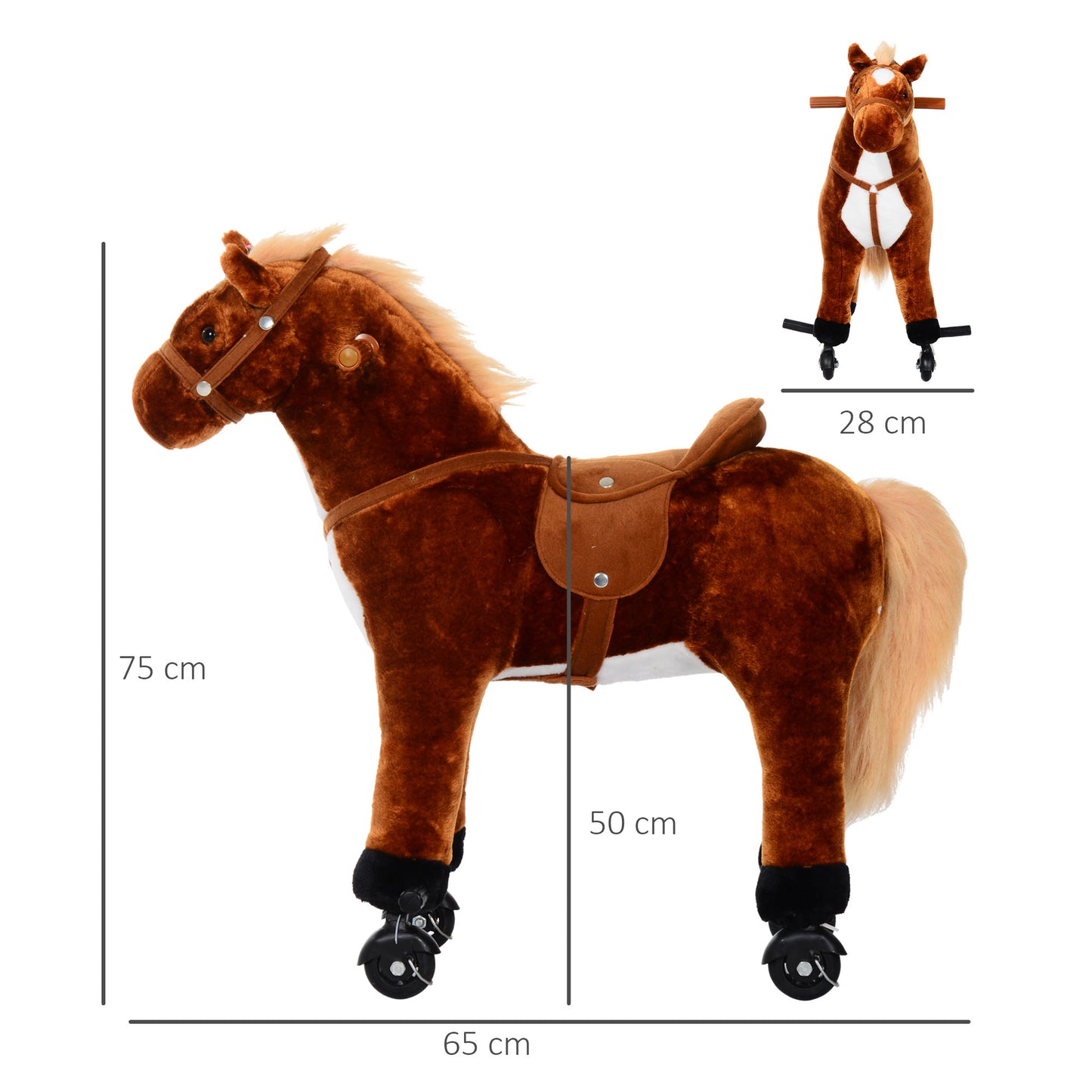 HOMCOM Cavalo de Brinquedo para Crianças de +3 Anos Cavalo de Brinquedo com Rodas Sons e Estrutura de Metal Carga 60kg 65x28x75 cm Castanho