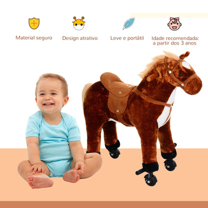 HOMCOM Cavalo de Brinquedo para Crianças de +3 Anos Cavalo de Brinquedo com Rodas Sons e Estrutura de Metal Carga 60kg 65x28x75 cm Castanho